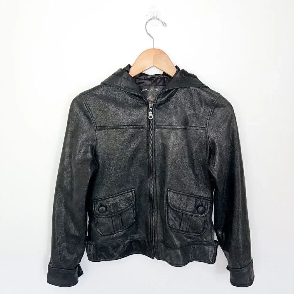 My Tribe Women’s Black Sparkle Metallic Hooded Leather Zip Closure Bomber Jacket